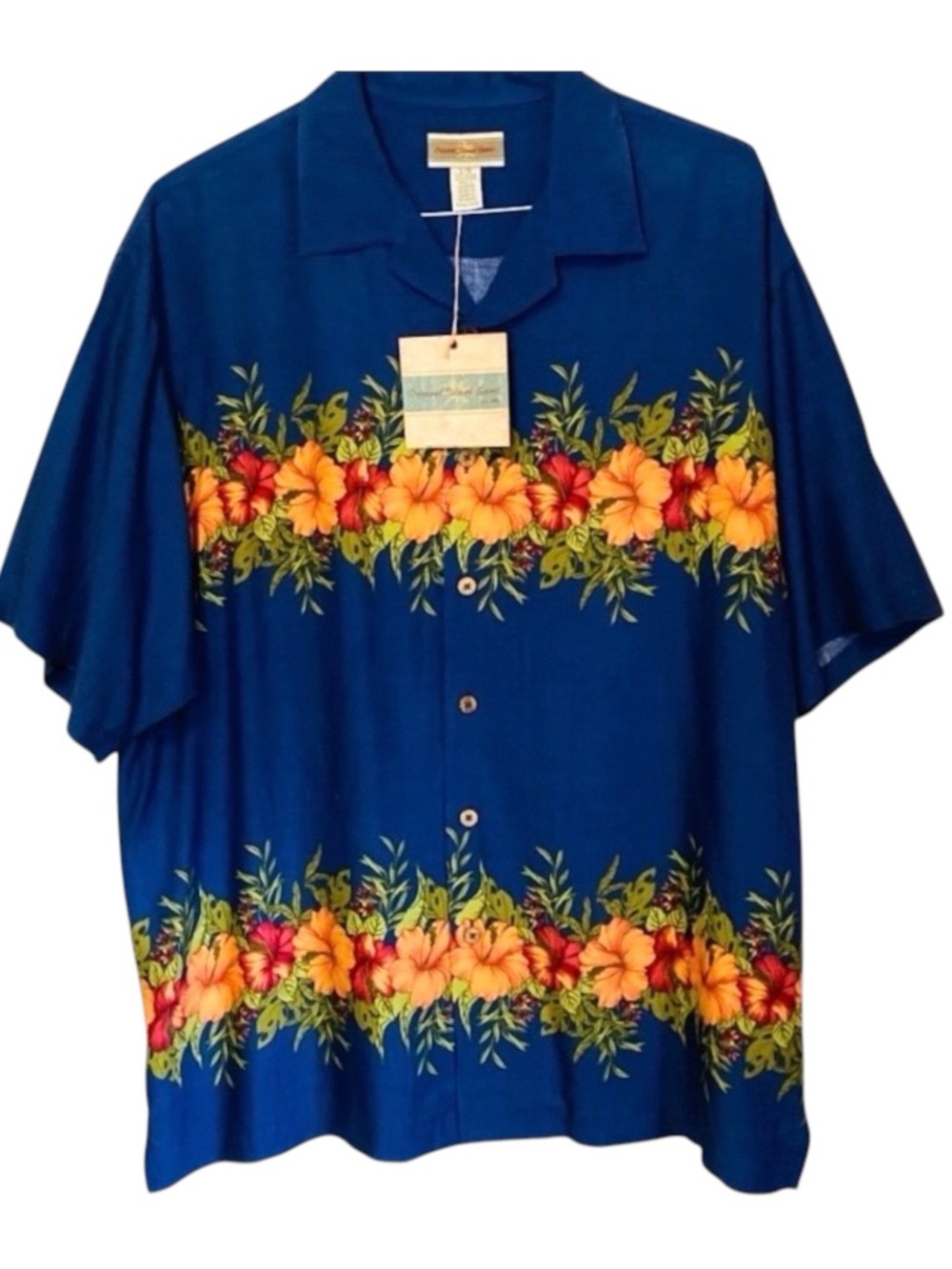 Original Island Sport Hawaiian Shirt Mens Large Blue Floral Aloha Rayon Vacation